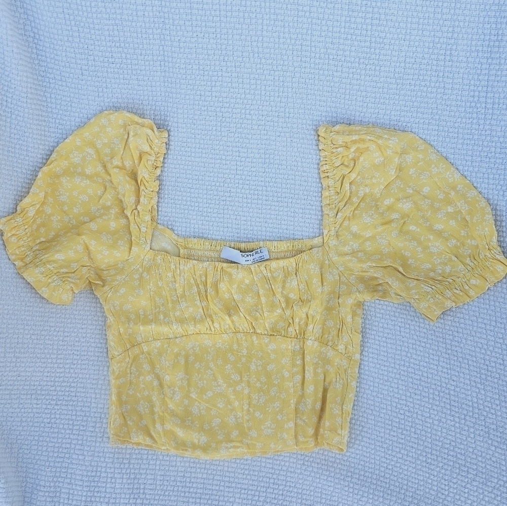 Sophie Rue Women's Cropped Top Puff Sleeve Yellow Size small